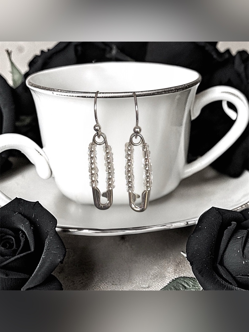 5 For $25💫Small Silver Safety Pin Beaded Punk Earrings